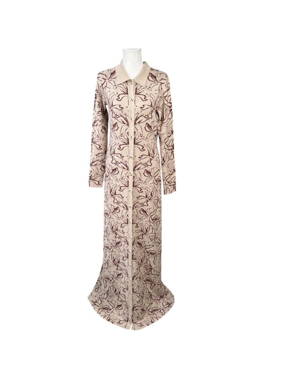 Veiled Long Maxi Button-Up Maxi Cardigan Dress Beige & Brown Abstract Print S
